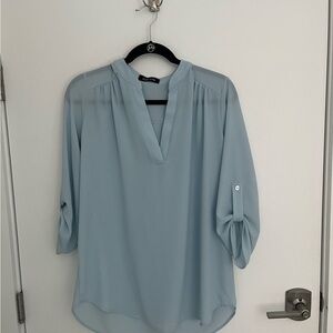 Fab'rik Blue Cuffed Sleeve Blouse with Mandarin Collar